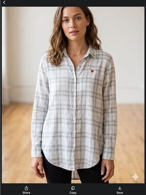 Evereve Sundry Light Gray Plaid Button-Up Shirt embroidered Red Heart Sz 2 small